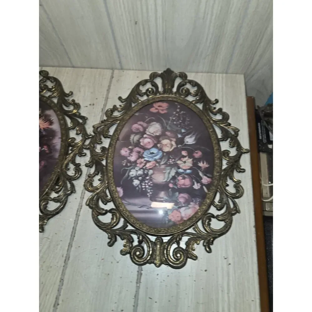 Vintage Set Of Italian Ornate Brass Framed Oval Prints Convex Bubble Glass 10x13